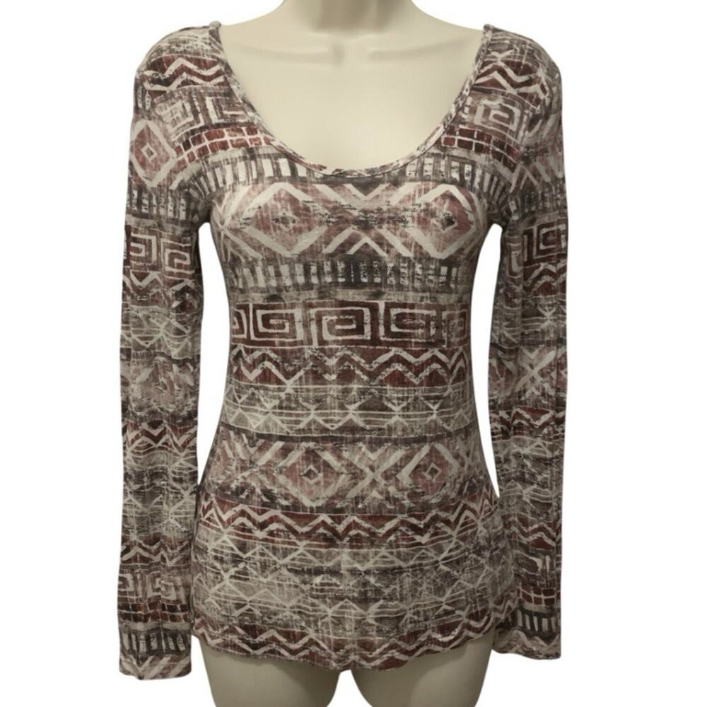 BKE Geometric Print Long Sleeve Scoop Neck Top Brown Burgundy Boho Fitted Small